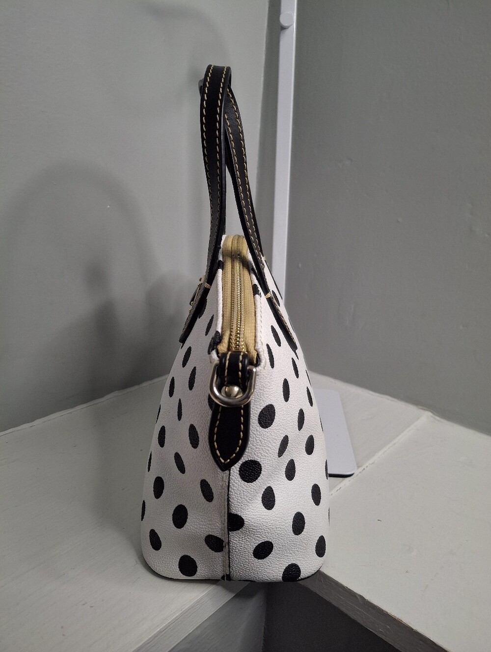 Dooney & Bourke Black White Polka Dot Satchel Handbag + Leather Wallet - Picture 3 of 8